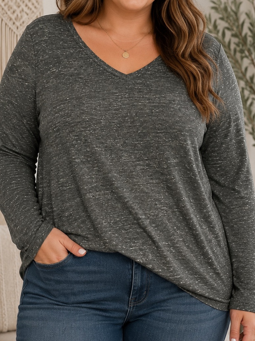 Sonoma Heather Charcoal V-Neck Long Sleeve Top